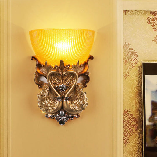 Amber Ribbed Glass Gold Sconce With Carving Swan Design - Single Head Rural Wall Lighting