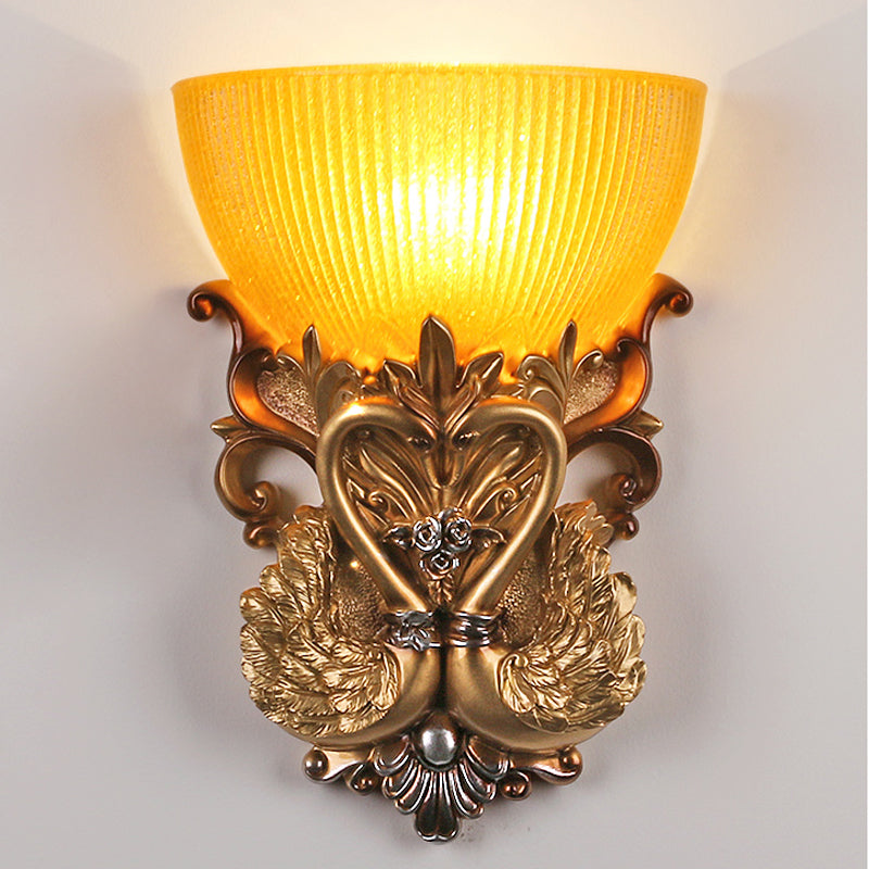 Amber Ribbed Glass Gold Sconce With Carving Swan Design - Single Head Rural Wall Lighting