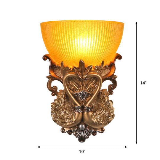 Amber Ribbed Glass Gold Sconce With Carving Swan Design - Single Head Rural Wall Lighting