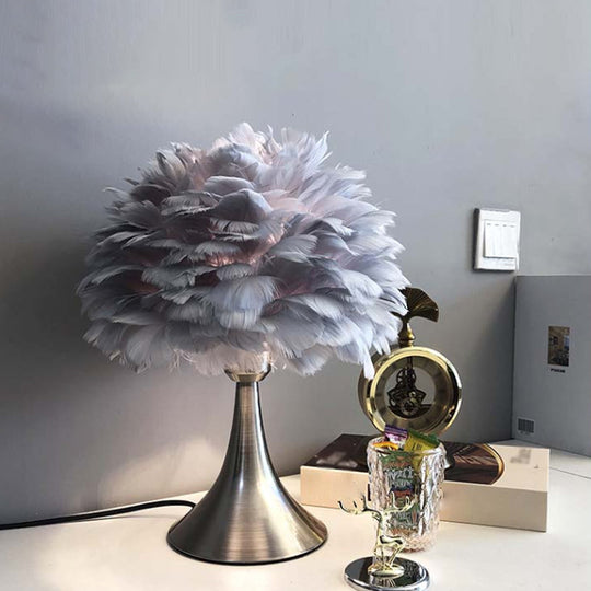 Contemporary Feather Grey/White Led Night Table Lamp - Tree-Inspired Reading Light For Study Room