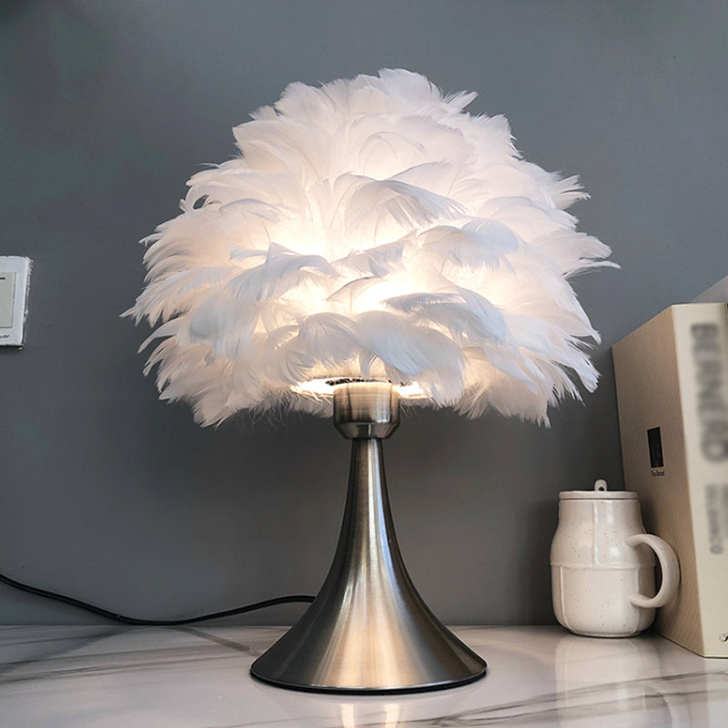 Contemporary Feather Grey/White Led Night Table Lamp - Tree-Inspired Reading Light For Study Room