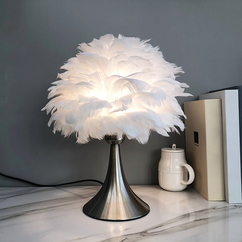 Contemporary Feather Grey/White Led Night Table Lamp - Tree-Inspired Reading Light For Study Room