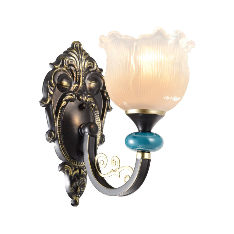 Antiqued Black Opal Ribbed Glass Floral Sconce Light Fixture - Wall Mounted Lamp