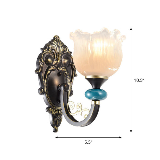 Antiqued Black Opal Ribbed Glass Floral Sconce Light Fixture - Wall Mounted Lamp