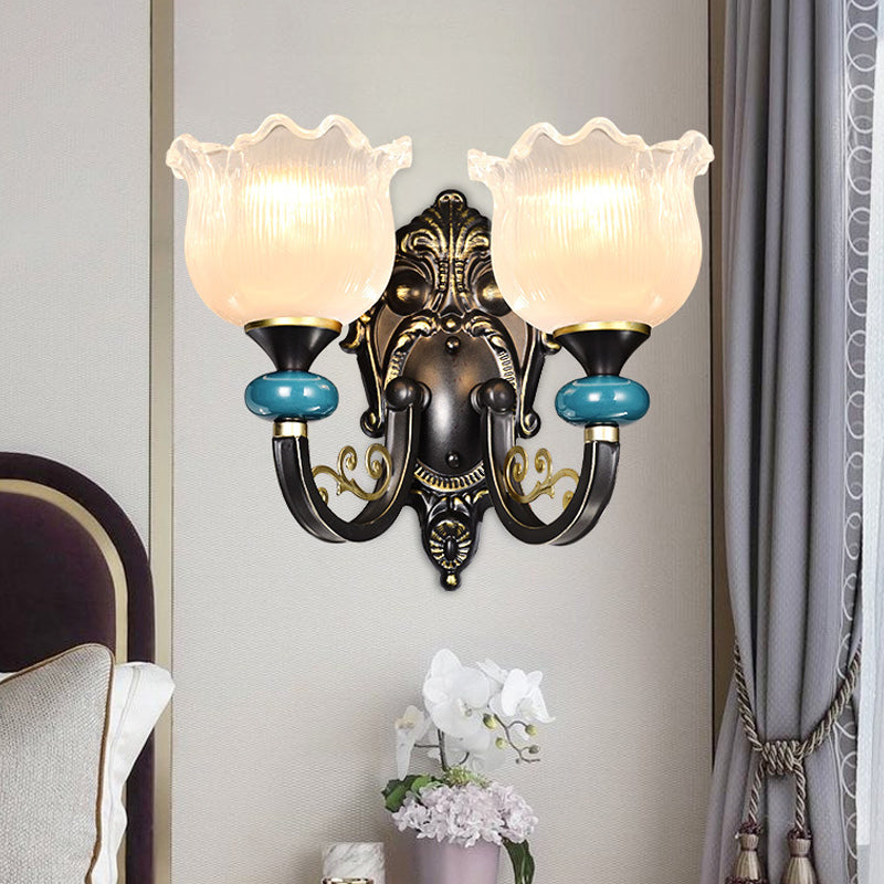 Antiqued Black Opal Ribbed Glass Floral Sconce Light Fixture - Wall Mounted Lamp 2 /