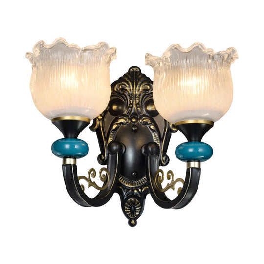 Antiqued Black Opal Ribbed Glass Floral Sconce Light Fixture - Wall Mounted Lamp