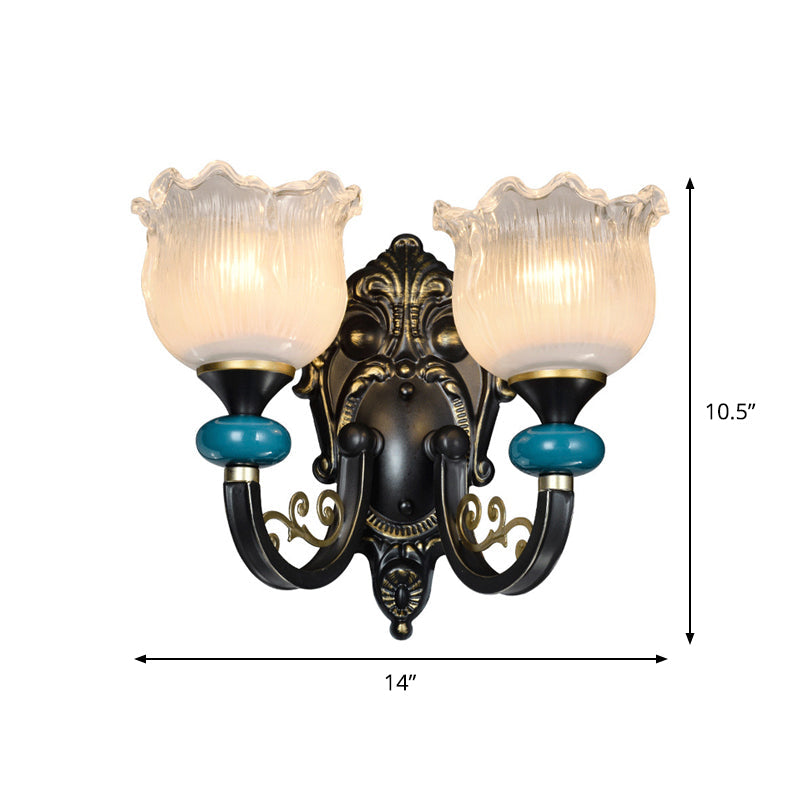 Antiqued Black Opal Ribbed Glass Floral Sconce Light Fixture - Wall Mounted Lamp