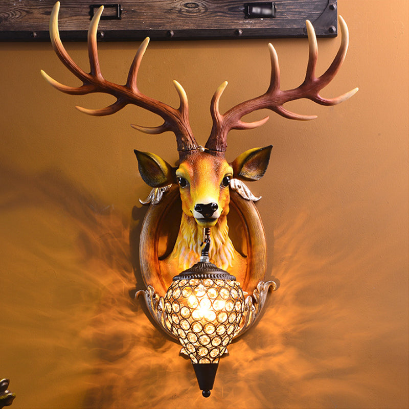 Farmhouse Deer Head Wall Sconce Light With Beveled Crystal Shade