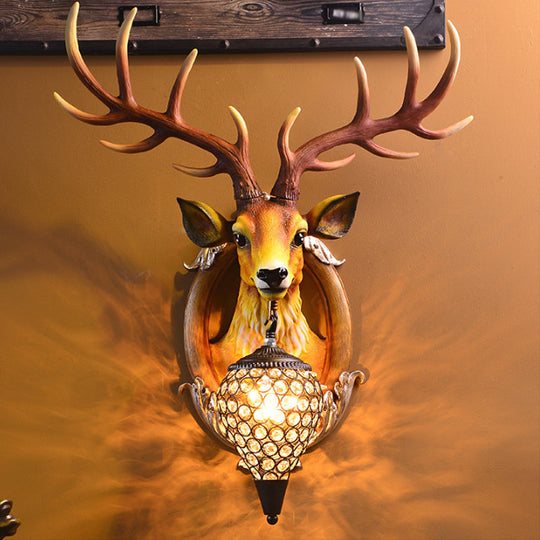 Farmhouse Deer Head Wall Sconce Light With Beveled Crystal Shade