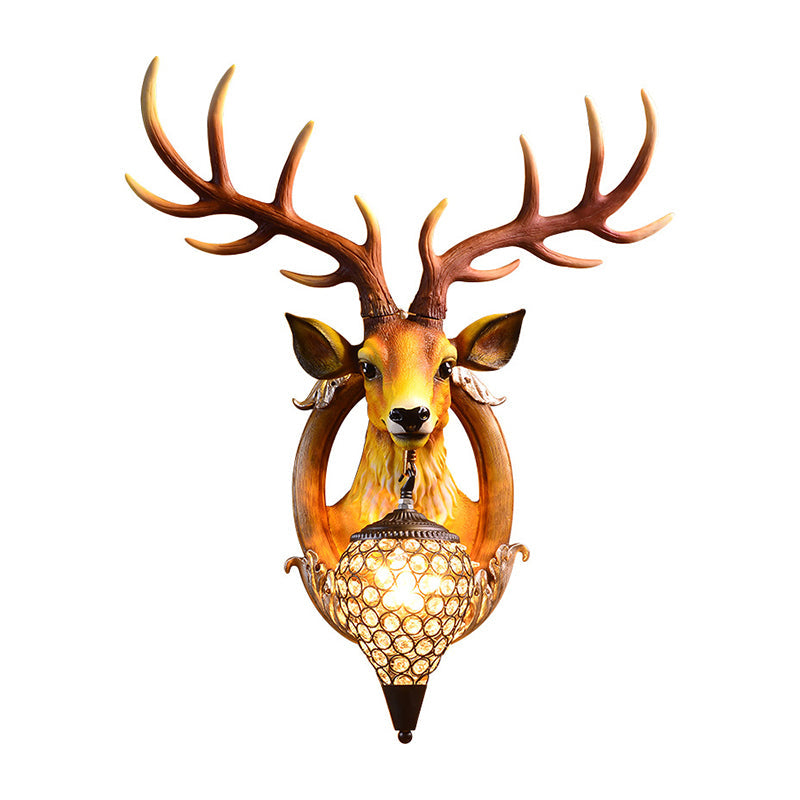 Farmhouse Deer Head Wall Sconce Light With Beveled Crystal Shade