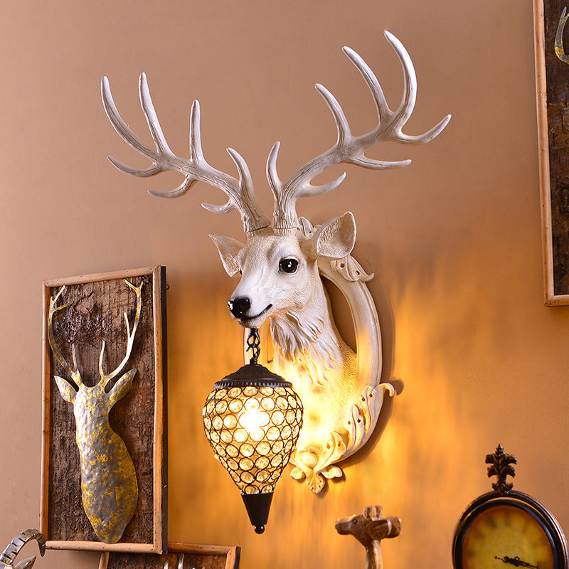 Farmhouse Deer Head Wall Sconce Light With Beveled Crystal Shade Black-White