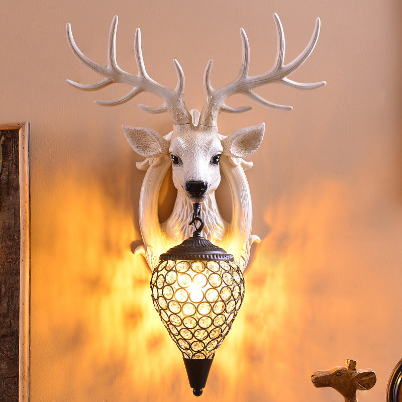 Farmhouse Deer Head Wall Sconce Light With Beveled Crystal Shade