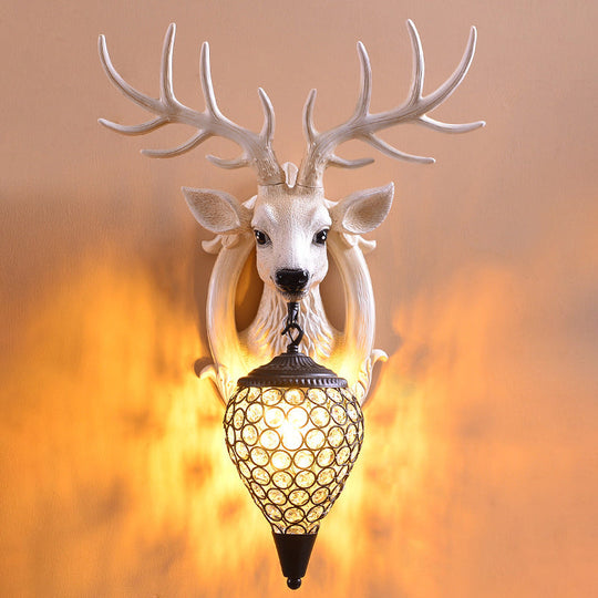 Farmhouse Deer Head Wall Sconce Light With Beveled Crystal Shade