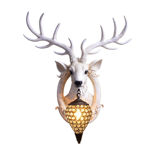 Farmhouse Deer Head Wall Sconce Light With Beveled Crystal Shade