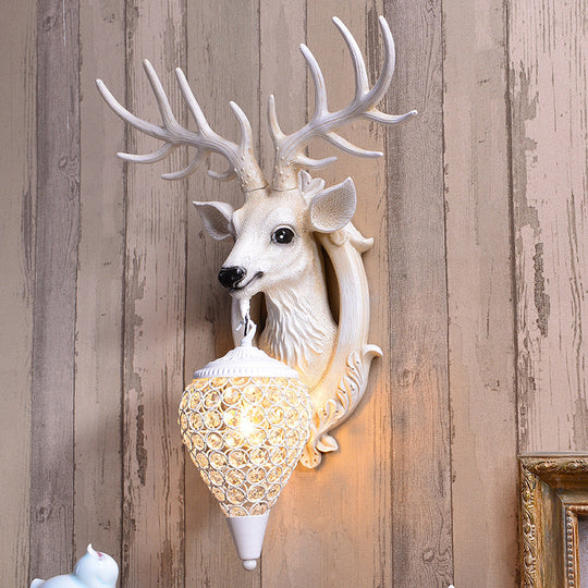 Farmhouse Deer Head Wall Sconce Light With Beveled Crystal Shade White