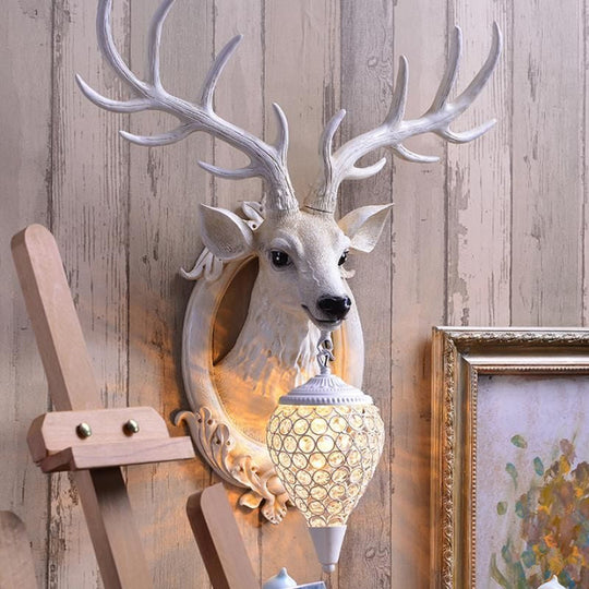 Farmhouse Deer Head Wall Sconce Light With Beveled Crystal Shade