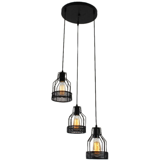 Industrial Style Metallic Black Wire Cage Pendant Light With 3 Heads - Perfect For Foyer Suspension