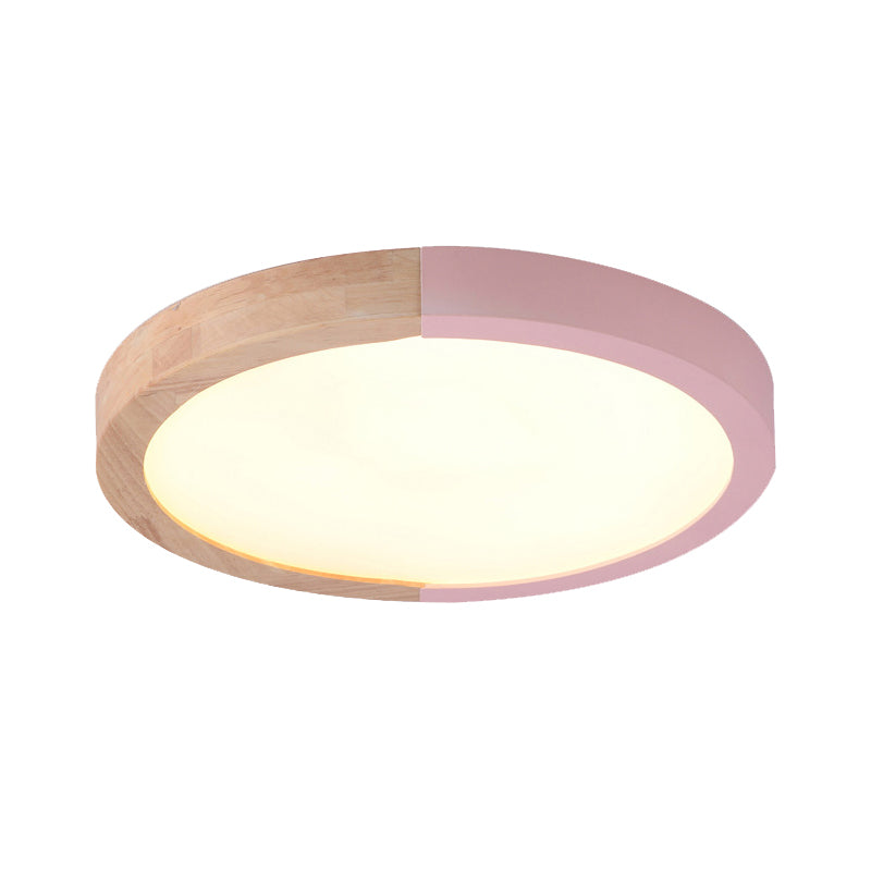 Modern Drum Flush Mount Light With Wood And Acrylic Shade For Kids Bedroom