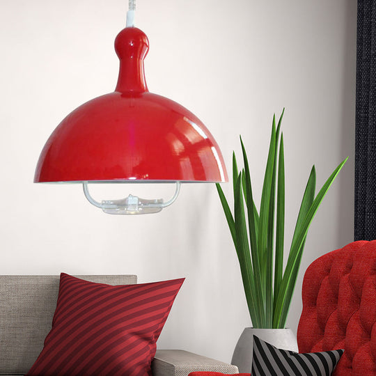 Extendable Domed Hanging Fixture - Industrial Style Chrome/Red Aluminum Ceiling Pendant With Handle