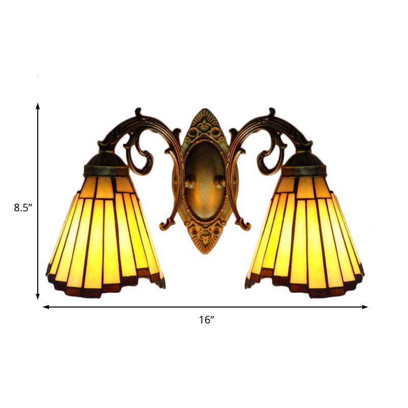 Yellow Glass Aged Brass Sconce Lighting - 2 Head Mission Wall Mounted Light