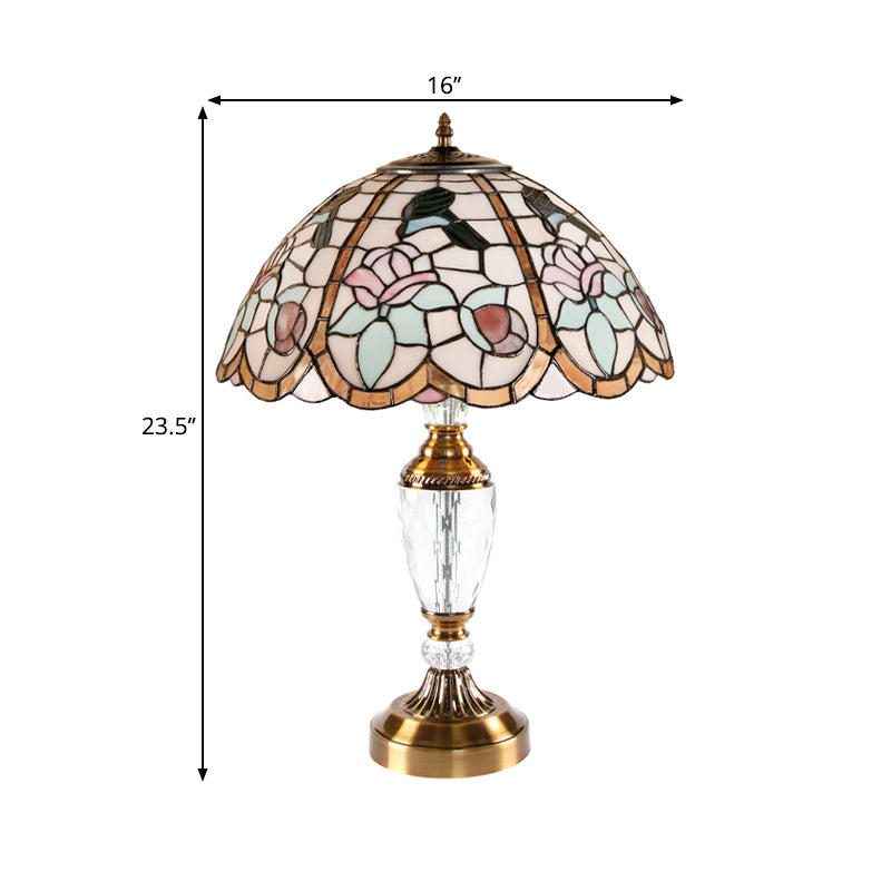 Rose Pattern Tiffany Stained Glass Nightstand Lamp In White - Domed Table Light With 1 Head