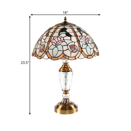 Rose Pattern Tiffany Stained Glass Nightstand Lamp In White - Domed Table Light With 1 Head