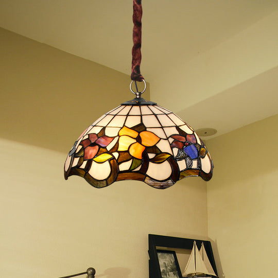 Tiffany-Style White Stained Glass Chandelier Lamp with Scalloped Design and Three Lights