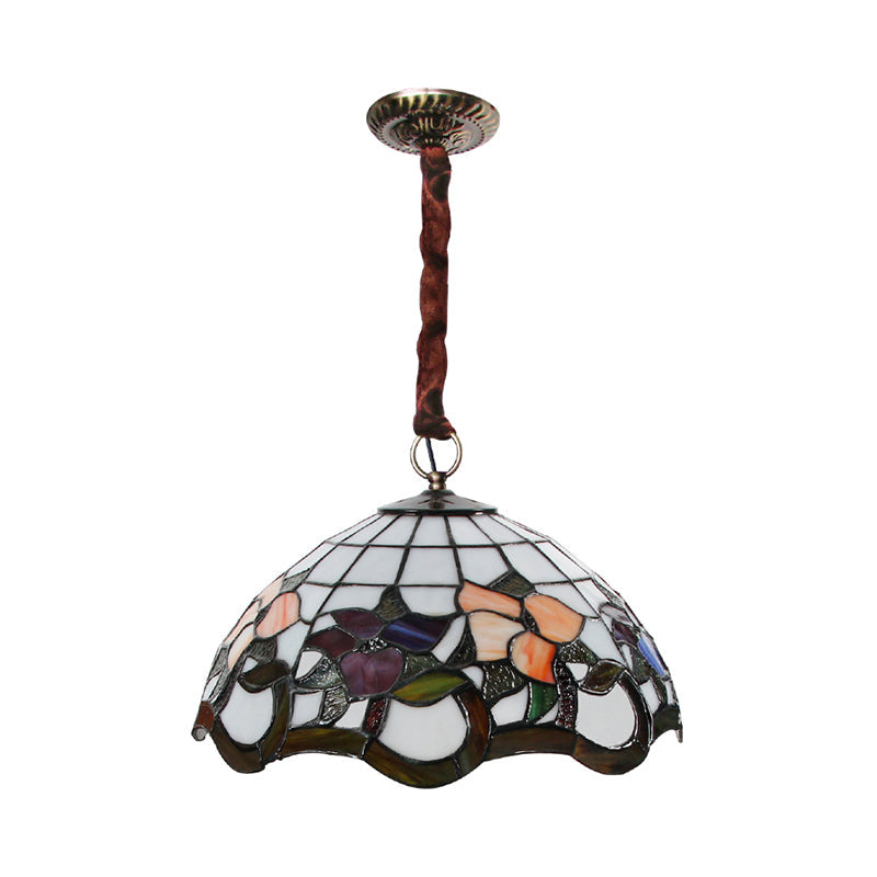 Tiffany-Style White Stained Glass Chandelier Lamp with Scalloped Design and Three Lights