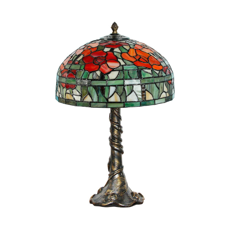 Tiffany-Style Dome Desk Lamp: Multicolored Stained Glass 1-Light Green-Red Task Lighting Trunk Base