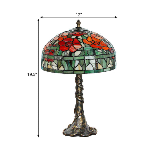 Tiffany-Style Dome Desk Lamp: Multicolored Stained Glass 1-Light Green-Red Task Lighting Trunk Base