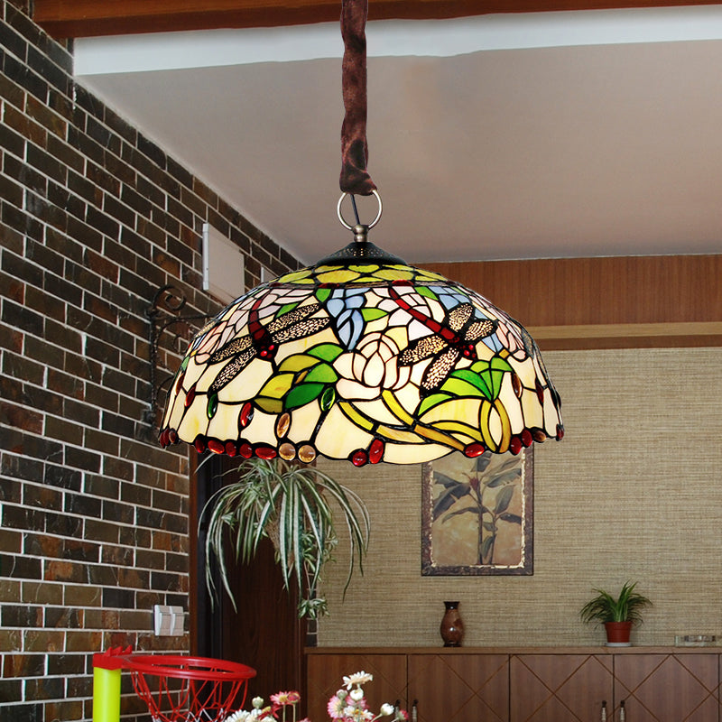 Stained Glass Dragonfly And Floral Chandelier - Elegant 3-Bulb Traditional Down Lighting With Beaded