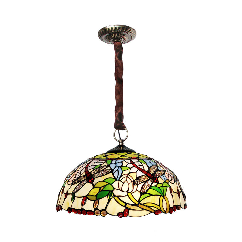 Traditional White Dragonfly and Floral Chandelier - Stained Glass 3-Bulb Downlight with Beaded Deco