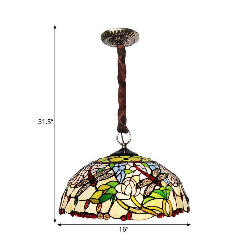 Traditional White Dragonfly and Floral Chandelier - Stained Glass 3-Bulb Downlight with Beaded Deco