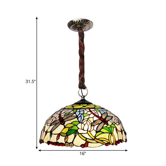 Stained Glass Dragonfly And Floral Chandelier - Elegant 3-Bulb Traditional Down Lighting With Beaded