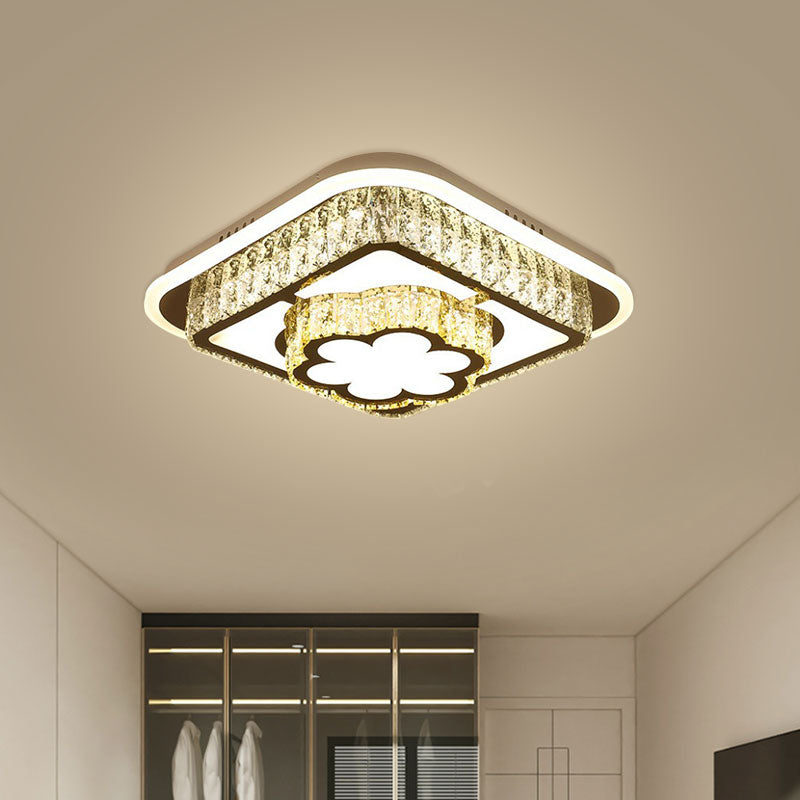 Contemporary Crystal Ceiling Lamp: Round/Flower Led Flushmount Lighting Silver With Warm/White Light