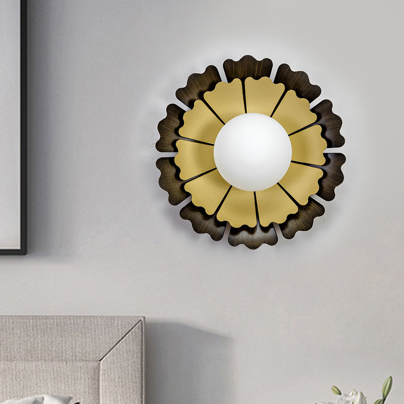 Opal Glass Kids Wall Light In Black-Gold For Sunflower Bedroom