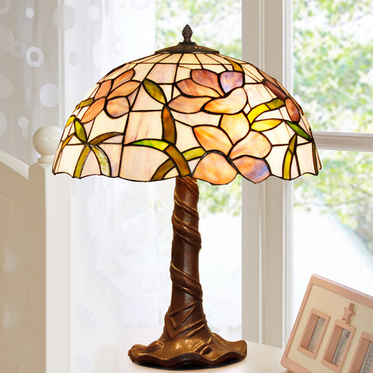 Tiffany Cut Glass Table Lamp With Pull Chains - 1-Head Domed Nightstand Light In Coffee