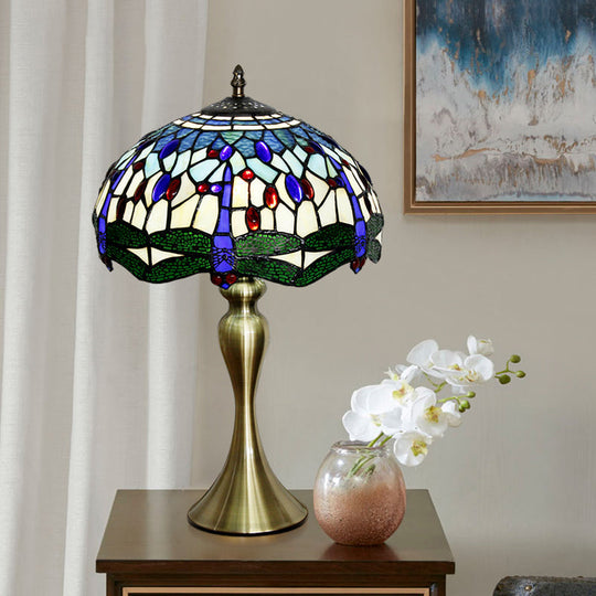 Eva - Blue Blue 1 Head Table Lighting Mediterranean Stained Glass Scalloped Nightstand Lamp with Beaded