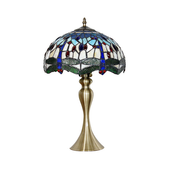 Mediterranean Style Blue Stained Glass Head Table Lamp With Beaded Scalloped Shade - Nightstand