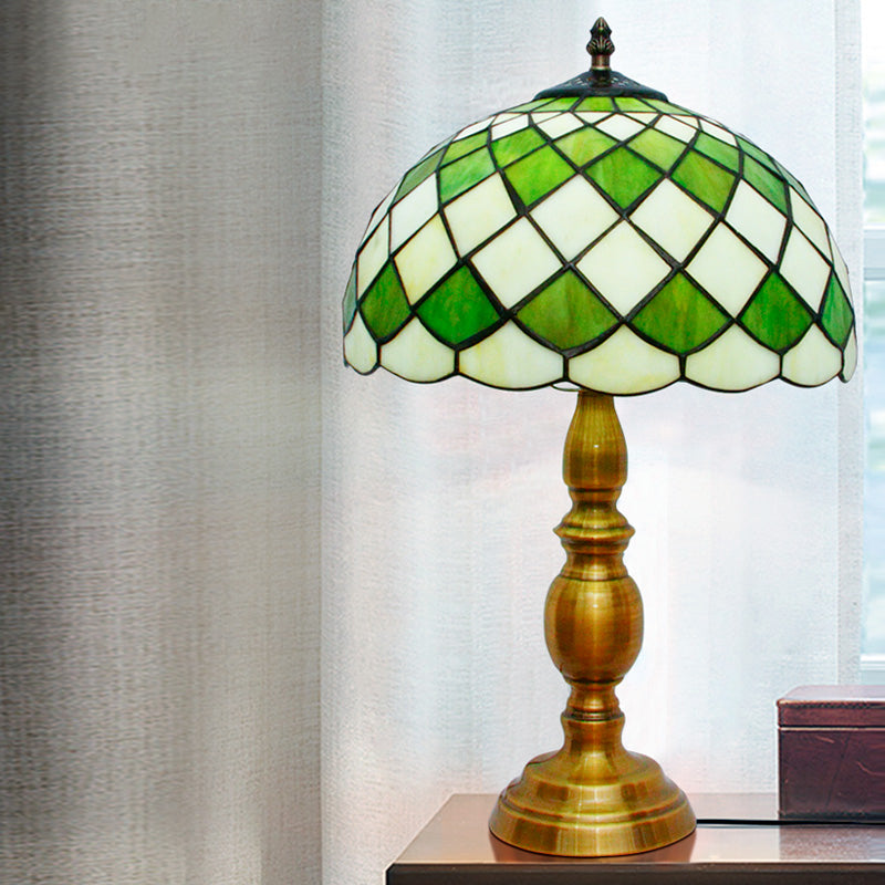 Classic Green Hand Cut Glass Nightstand Lamp With Grid Pattern - Single Bulb Dome Desk Light