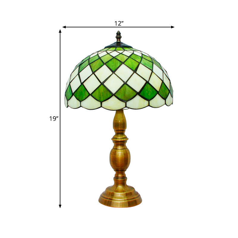 Classic Green Hand Cut Glass Nightstand Lamp With Grid Pattern - Single Bulb Dome Desk Light