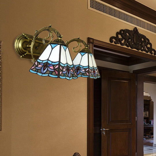 2-Head Pyramid Stained Glass Sconce Light With Tiffany Style - Black/Brass/Bronze Wall Mount Fixture