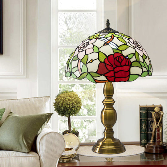 Traditional Green Glass Dome Night Lamp With Brass Base And Elegant Rose & Dragonfly Pattern - 1