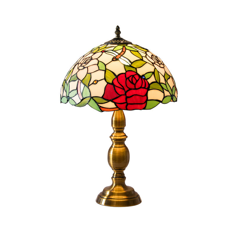 Traditional Green Glass Dome Night Lamp With Brass Base And Elegant Rose & Dragonfly Pattern - 1