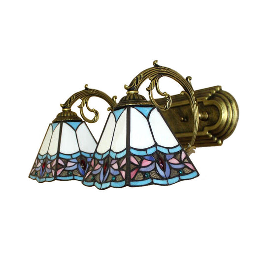 2-Head Pyramid Stained Glass Sconce Light With Tiffany Style - Black/Brass/Bronze Wall Mount Fixture