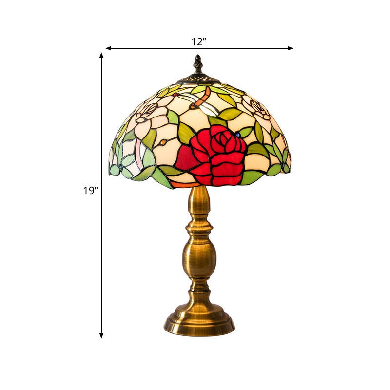 Traditional Green Glass Dome Night Lamp With Brass Base And Elegant Rose & Dragonfly Pattern - 1