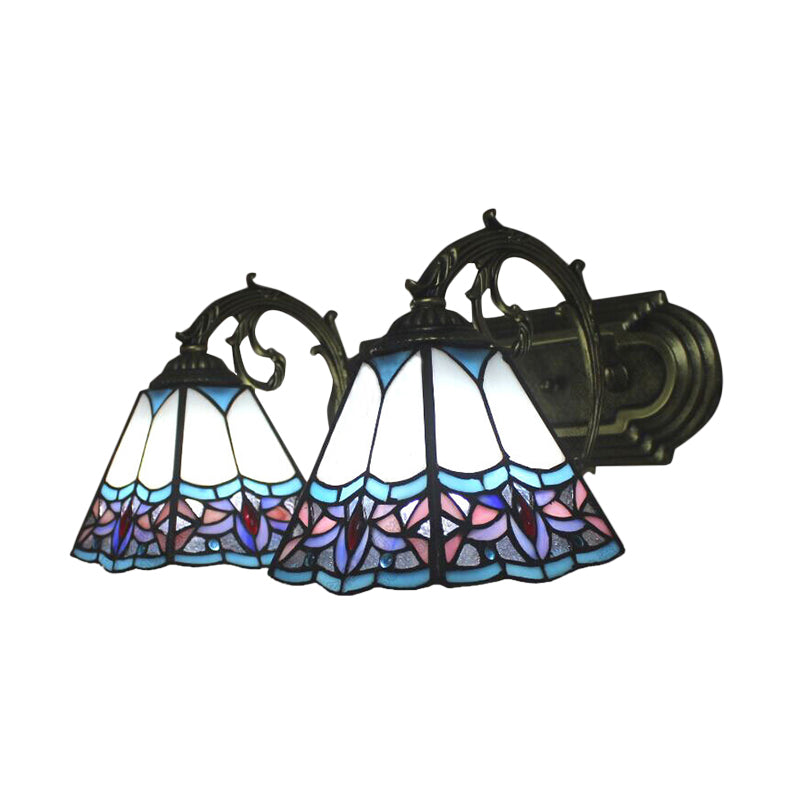 2-Head Pyramid Stained Glass Sconce Light With Tiffany Style - Black/Brass/Bronze Wall Mount Fixture