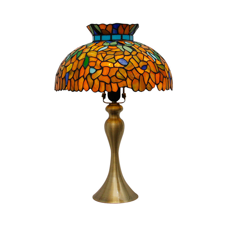 Vintage Stained Glass Dome Nightstand Lamp With Mermaid Base - Brass Desk Lighting