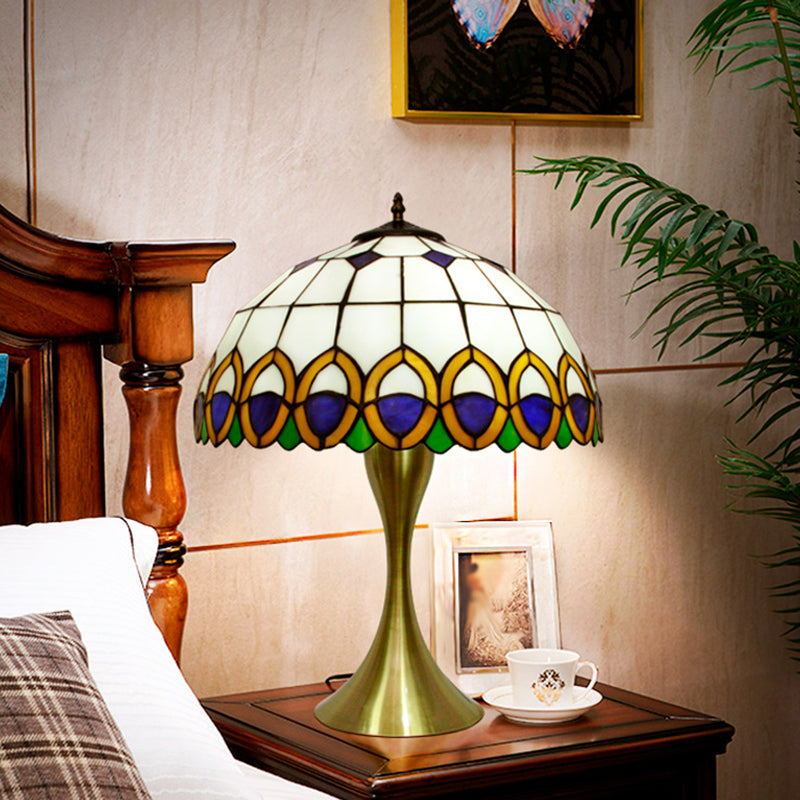 1-Light Traditional Stained Art Glass Nightstand Lamp With Peacock Feather Pattern In Brass Finish