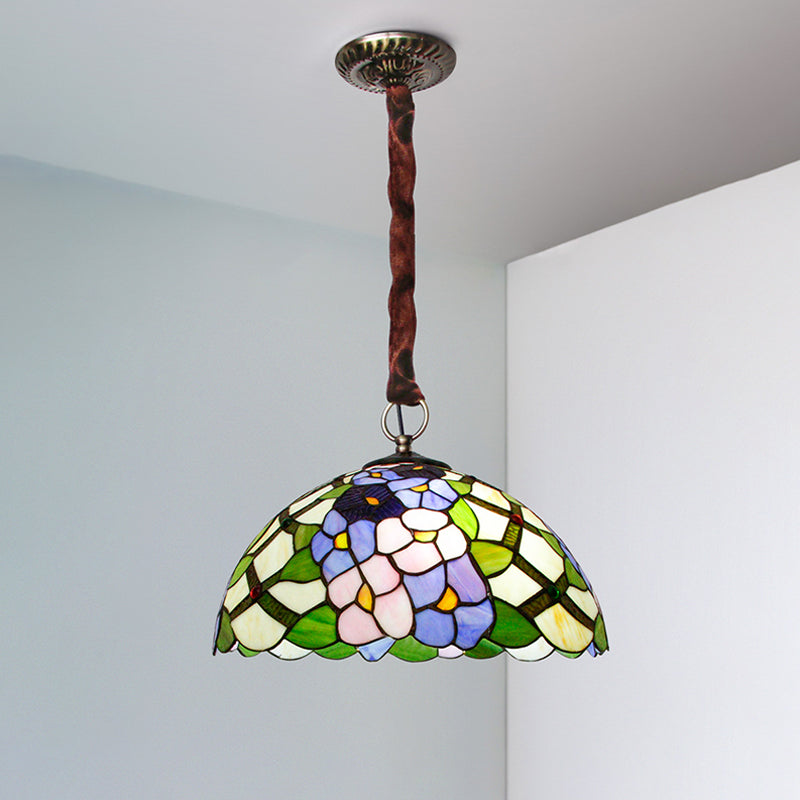 Tiffany Handcrafted Stained Glass Bronze Ceiling Chandelier - Domed Suspension Pendant with 3 Flower Patterned Heads